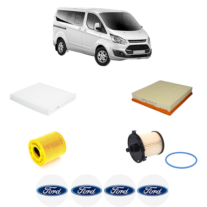 Pachet revizie filtre FORD TRANSIT TOURNEO Bus 2.2 TDCi din 2007-2014, Contine filtru aer, ulei, combustibil, polen habitaclu BOSCH, 4x Stickere cu FORD