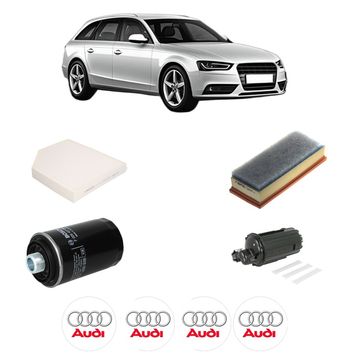 Pachet revizie filtre AUDI A4 B8 Avant (8K5) 2.0 TFSI din 2008-2013, Contine filtru aer, ulei, combustibil, polen habitaclu BOSCH, 4x Stickere cu AUDI