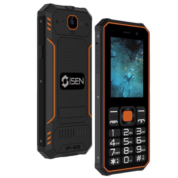 iSEN F1 4G mobiltelefon, narancssárga, 2.4" LCD, 0.3MP hátul + 0.08MP elöl, 48MB RAM, 128MB ROM, Mocor OS, Unisoc T107, IP68, QWERTY, zseblámpa, 2500mAh, Dual SIM