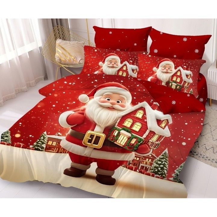 Lenjerie de Pat Dublu, Cearsaf Reversibil/cu Elastic, 6 piese, Imprimeu Craciun, Mos Craciun, 2 persoane, 180x200cm, Finet Satinat, Multicolor