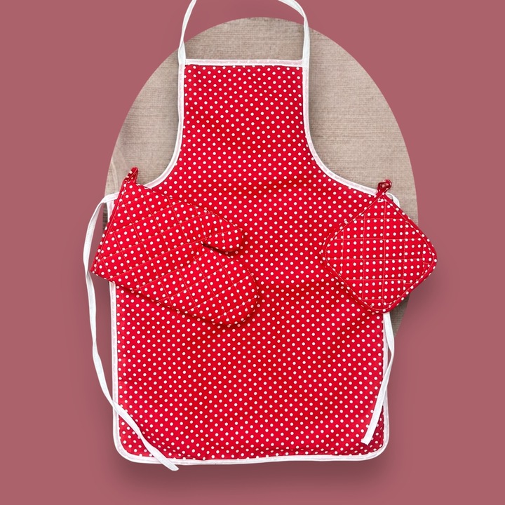 Sort de bucătărie impermeabil 3 piese, Patru Anotimpuri, roșu/alb, include mănuși și lavetă termorezistentă