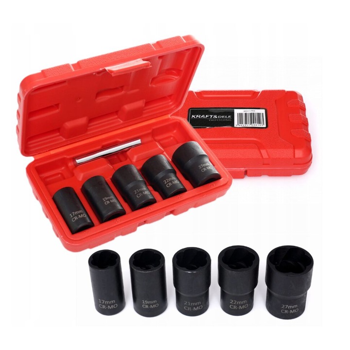 Комплект ударни вложки 1/2", 27, 22, 21, 19, 17 мм, 6 части, Kraft
