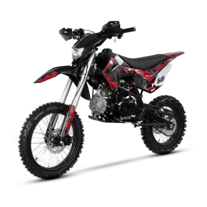 Motocicleta Cross/Enduro copii 4T XTR 616, 125cc, roti 19/16, cu far, pornire electromotor, culoare negru/rosu