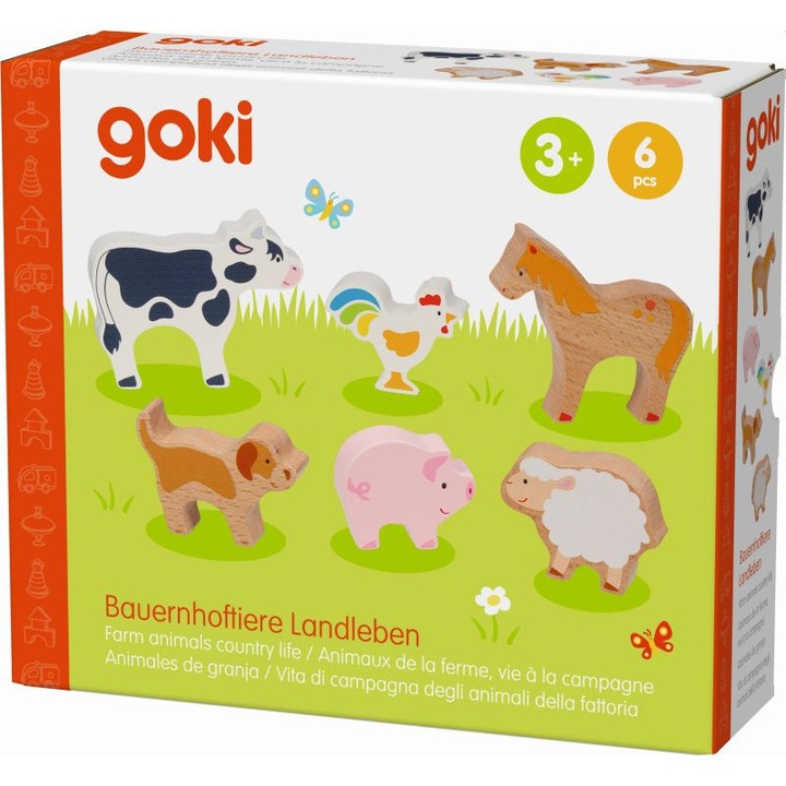 Set 6 figurine din lemn animale de fermă Goki, colorate, 10x2x7cm
