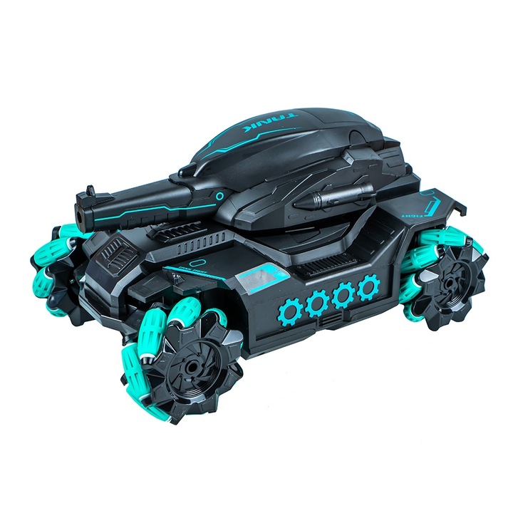 Tanc de jucarie ROBENTOYS cu telecomanda, lumini si sunete, 360°, 4WD Off-Road, Negru cu Turcoaz, 28x18x13cm