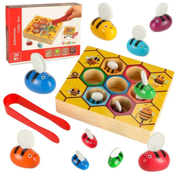 Joc educativ Montessori, Három, méhkas méhekkel, fa, 3x4 év