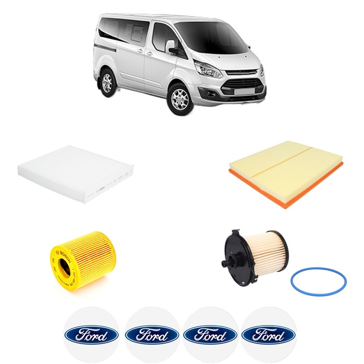 Pachet revizie filtre FORD TRANSIT TOURNEO Bus 2.2 din 2011-2014, Contine filtru aer, ulei, combustibil, polen habitaclu BOSCH, 4x Stickere cu FORD