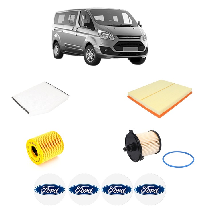 Pachet revizie filtre FORD TOURNEO CUSTOM V362 Bus (F3) 2.2 TDCi din 2012-2015, Contine filtru aer, ulei, combustibil, polen habitaclu BOSCH, 4x Stickere cu FORD