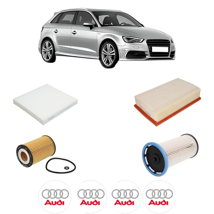 Pachet revizie filtre AUDI A3 Sportback (8VA, 8VF) 1.6 TDI din 2013-2020, Contine filtru aer, ulei, combustibil, polen habitaclu BOSCH, 4x Stickere cu AUDI