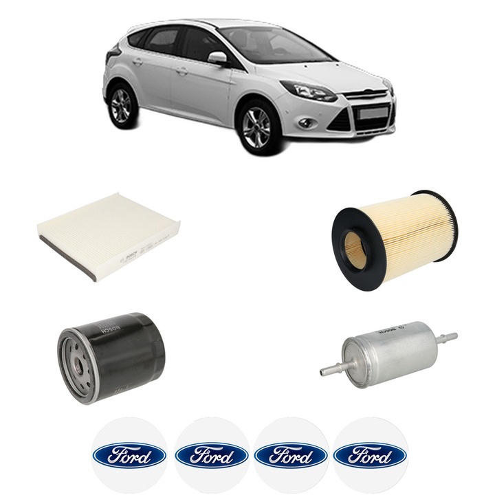 Pachet revizie filtre FORD FOCUS III Hatchback Van 1.0 EcoBoost din 2012-2017, Contine filtru aer, ulei, combustibil, polen habitaclu BOSCH, 4x Stickere cu FORD