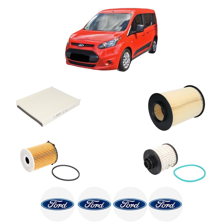 Pachet revizie filtre FORD TOURNEO CONNECT / GRAND TOURNEO CONNECT V408 MPV 1.5 TDCi din 2015-2022, Contine filtru aer, ulei, combustibil, polen habitaclu BOSCH, 4x Stickere cu FORD