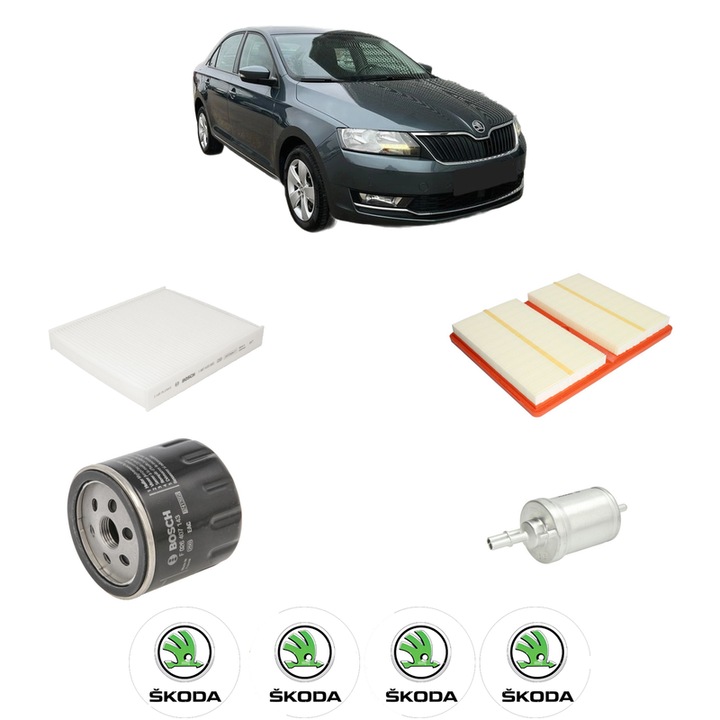 Pachet revizie filtre SKODA RAPID (NH3, NK3, NK6) 1.0 TSI din 2017-2019, Contine filtru aer, ulei, combustibil, polen habitaclu BOSCH, 4x Stickere cu SKODA