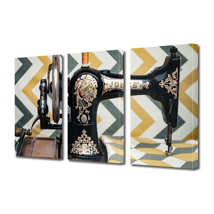 Set Tablouri Muilticanvas 3 Piese Vintage Aspect Retro Masina de cusut vintage 30 x 60 cm