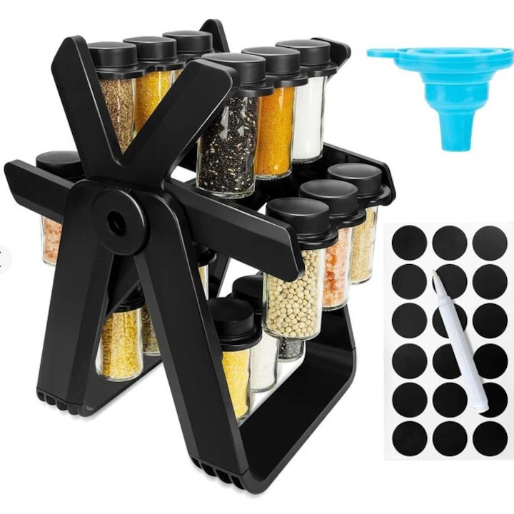 Suport condimente rotativ ZMR, 360°, negru, ABS si sticla, 34x23cm