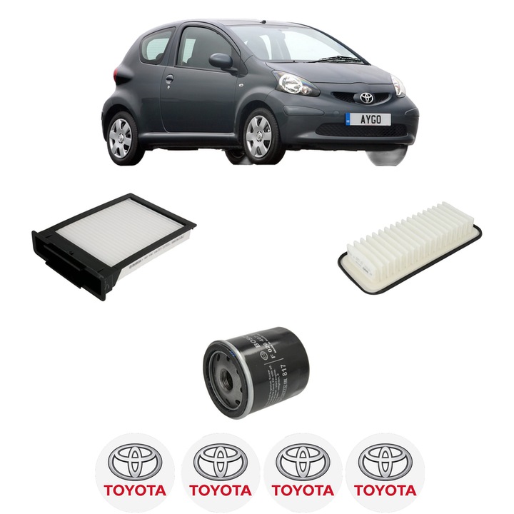 Pachet revizie filtre TOYOTA AYGO (_B1_) 1.0 (KGB10_, KGB10R) din 2005-2014, Contine filtru aer, ulei, polen habitaclu BOSCH, 4x Stickere cu TOYOTA