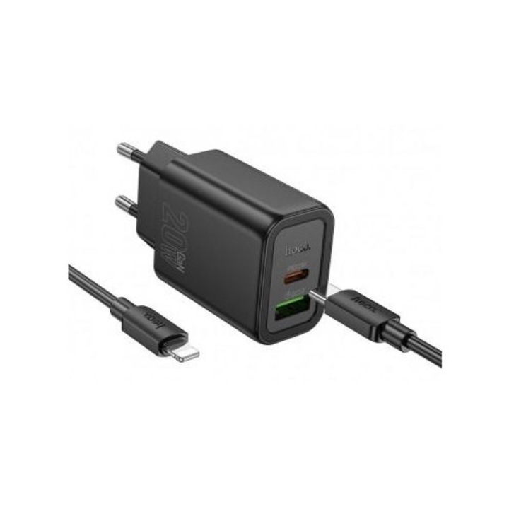 Incarcator Retea Cu Cablu USB-C HOCO N61 20W 3A 1 x USB-A - 1 x USB-C Negru