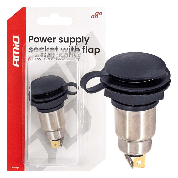 Захранващ контакт 250W 12V/24V с капак, AMIO, за монтаж в превозни средства