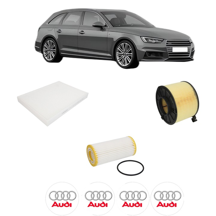 Pachet revizie filtre AUDI A4 B9 Avant (8W5, 8WD) 40 TFSI Mild Hybrid din 2017, Contine filtru aer, ulei, polen habitaclu BOSCH, 4x Stickere cu AUDI