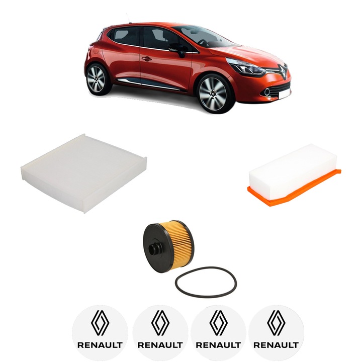 Pachet revizie filtre RENAULT CLIO IV Grandtour (KH_) 1.2 TCe 120 (KHAU) din 2016-2021, Contine filtru aer, ulei, polen habitaclu BOSCH, 4x Stickere cu RENAULT