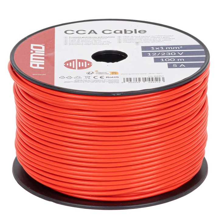 Cablu electric CCA 1x1mm, rola 100m, 5A, 12/230V, rosu