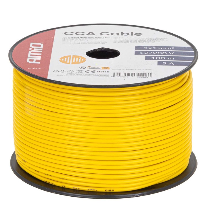 Elektromos kábel, AMIO, 1x1mm telepítő kábel, 100m, 5A, 12/230V, sárga