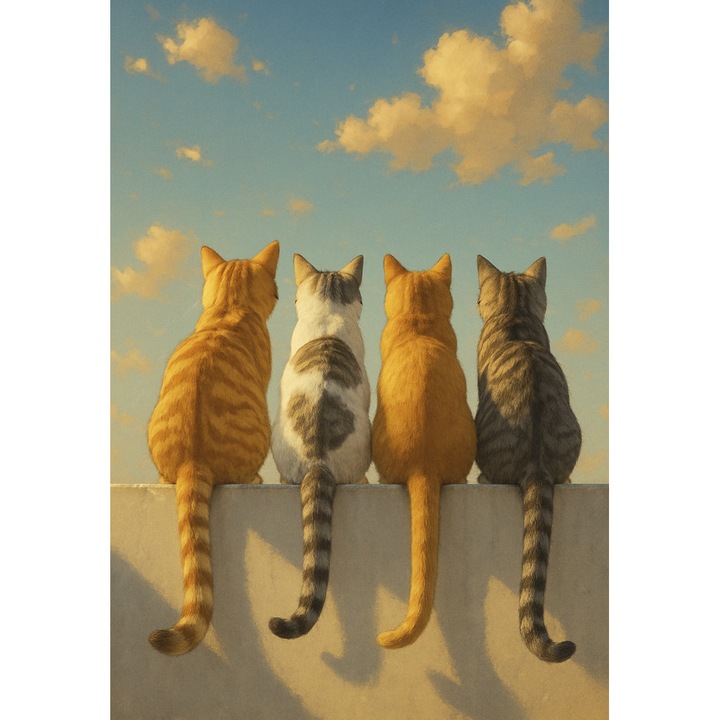 Tablou canvas modern „Prietenii sub nori” – Patru pisici privind cerul, arta contemporana, pentru living sau birou, panza pe cadru de lemn, 80 x 100 cm