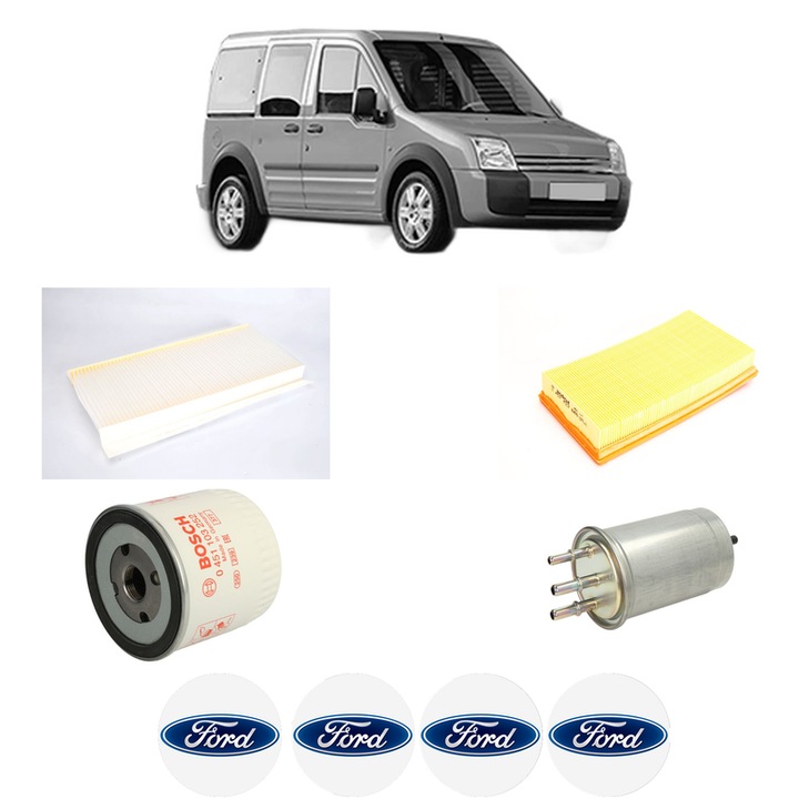 Pachet revizie filtre FORD TOURNEO CONNECT 1.8 TDCi din 2002-2013, Contine filtru aer, ulei, combustibil, polen habitaclu BOSCH, 4x Stickere cu FORD