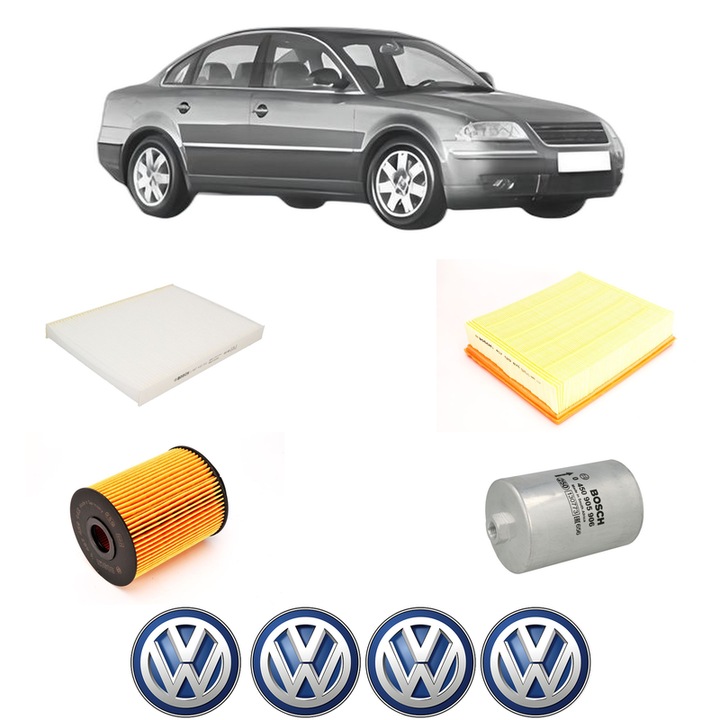 Pachet revizie filtre Volkswagen PASSAT B5.5 (3B3) 4.0 W8 4motion din 2001-2004, Contine filtru aer, ulei, combustibil, polen habitaclu BOSCH, 4x Stickere cu Volkswagen