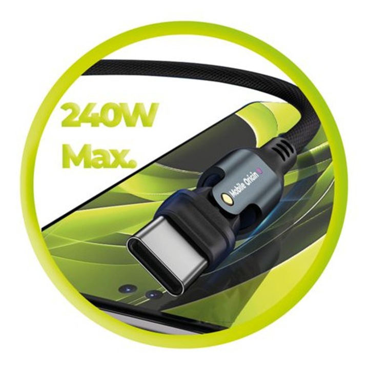 Cablu pentru incarcare si transfer de date Mobile Origin CB3, USB-C la USB-C, 240W, 480Mbps, 1m, Negru