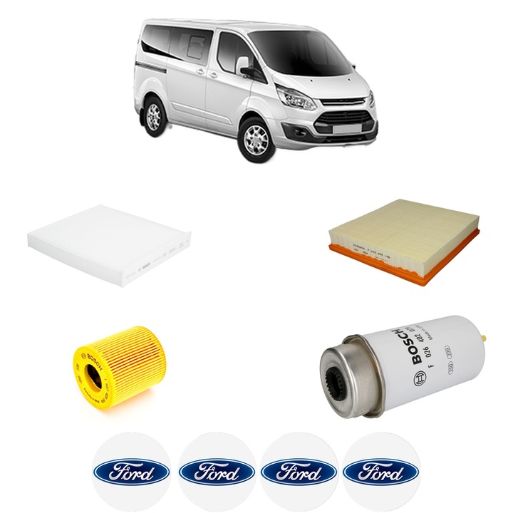 Pachet revizie filtre FORD TRANSIT TOURNEO Bus 2.2 TDCi din 2008-2014, Contine filtru aer, ulei, combustibil, polen habitaclu BOSCH, 4x Stickere cu FORD