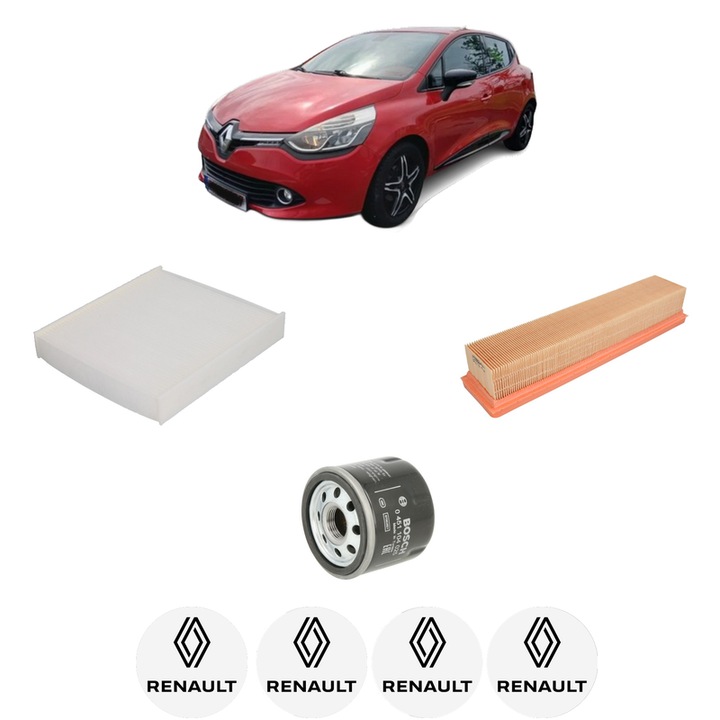 Pachet revizie filtre RENAULT CLIO IV (BH_) 1.2 16V din 2012-2021, Contine filtru aer, ulei, polen habitaclu BOSCH, 4x Stickere cu RENAULT