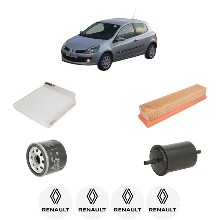 Pachet revizie filtre RENAULT CLIO III (BR0/1, CR0/1) 1.2 Ethanol (CR1U, BR1U) din 2008-2012, Contine filtru aer, ulei, combustibil, polen habitaclu BOSCH, 4x Stickere cu RENAULT