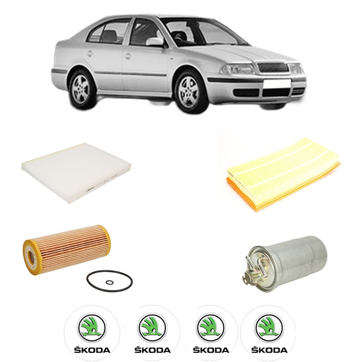 Pachet revizie filtre SKODA OCTAVIA I (1U2) 1.9 TDI din 2005-2010, Contine filtru aer, ulei, combustibil, polen habitaclu BOSCH, 4x Stickere cu SKODA