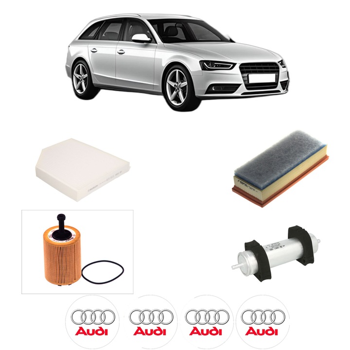 Pachet revizie filtre AUDI A4 B8 Avant (8K5) 2.0 TDI quattro din 2008-2012, Contine filtru aer, ulei, combustibil, polen habitaclu BOSCH, 4x Stickere cu AUDI