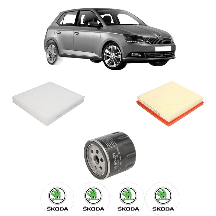 Pachet revizie filtre SKODA FABIA IV (PJ3) 1.6 din 2021, Contine filtru aer, ulei, polen habitaclu BOSCH, 4x Stickere cu SKODA