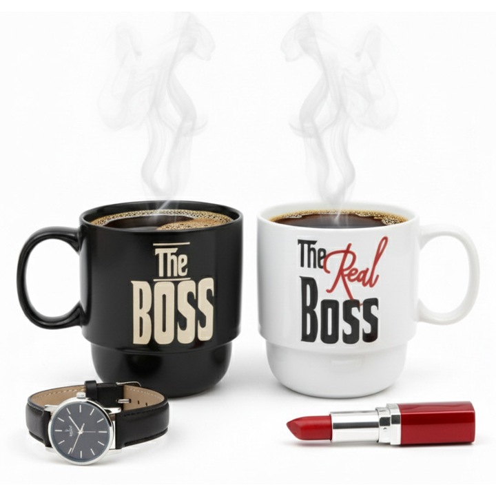 Set 2 Cani Aurov pentru Cuplu "The Boss & The Real Boss", Ceramica Premium, Negru/Alb, 500 ml