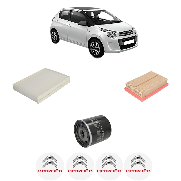 Pachet revizie filtre CITROEN C1 II (PA_, PS_) 1.0 VTi 68 din 2014-2018, Contine filtru aer, ulei, polen habitaclu BOSCH, 4x Stickere cu CITROEN