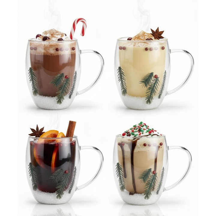 Set 4 cani pentru ceai/cafea din sticla termorezistenta, 330 ml, Transparenta