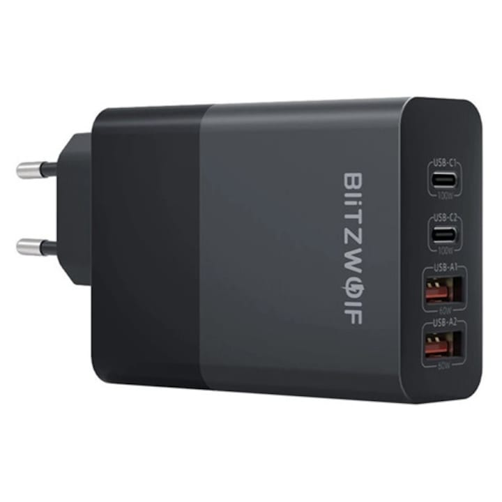 Blitzwolf bw-s29 hálózati töltő 2 usb+2 type-c aljzat, 120w, pd gyorstöltő, fekete