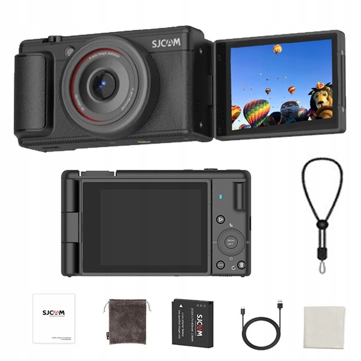 Camera video SJCAM ZV200, 5K, 80MP, neagra, cu functie webcam, set complet
