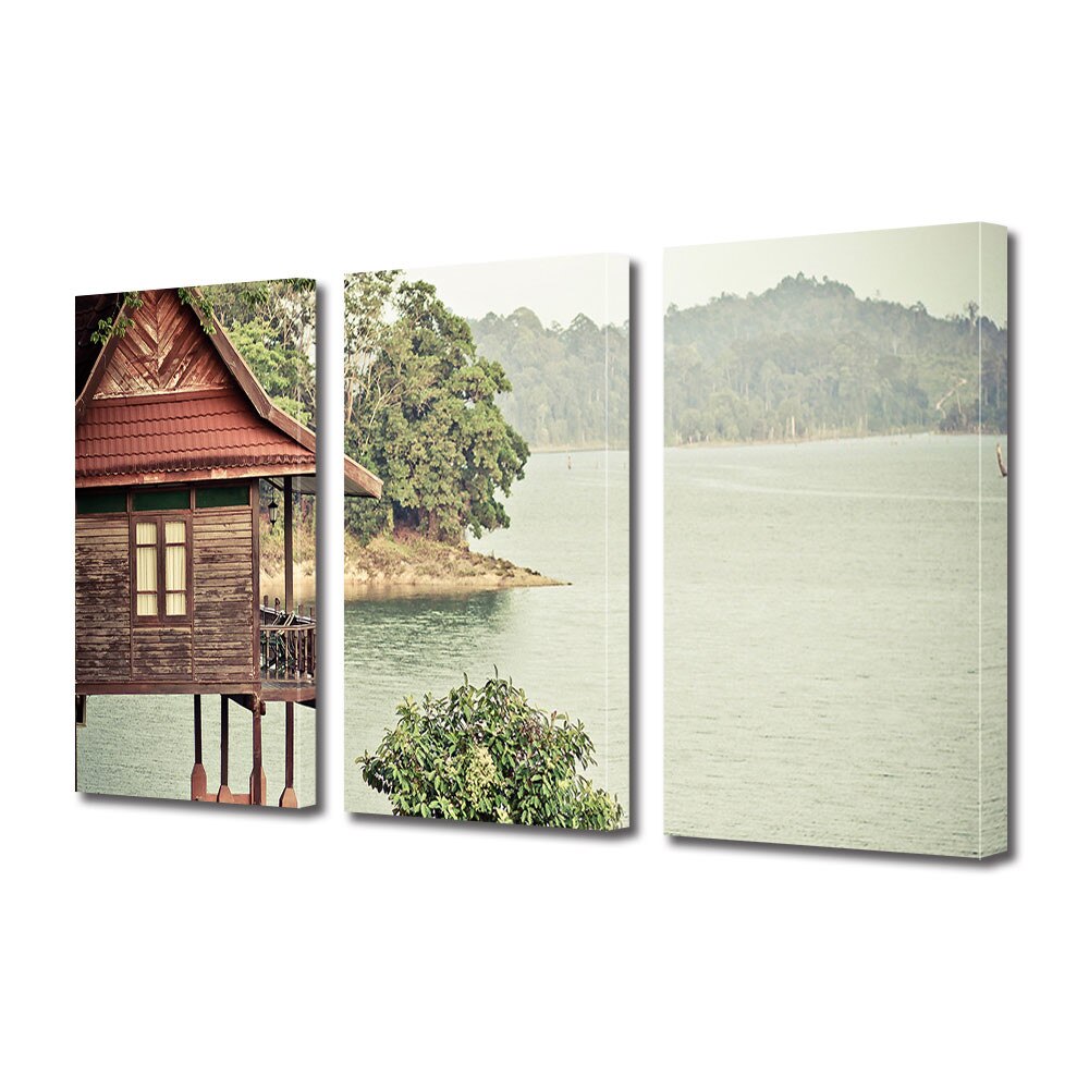 Set Tablouri Muilticanvas 3 Piese Vintage Aspect Retro Cabana pe lac 70 x 150 cm