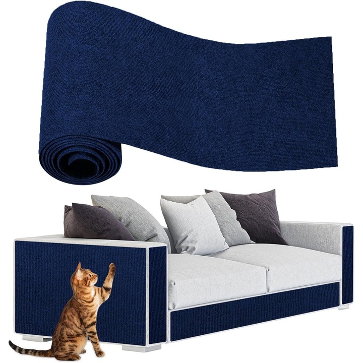 Covoras anti-zgarieturi pentru pisici, ENONCI, autoadeziv, bleumarin, 200x40cm, material fetru premium, reutilizabil