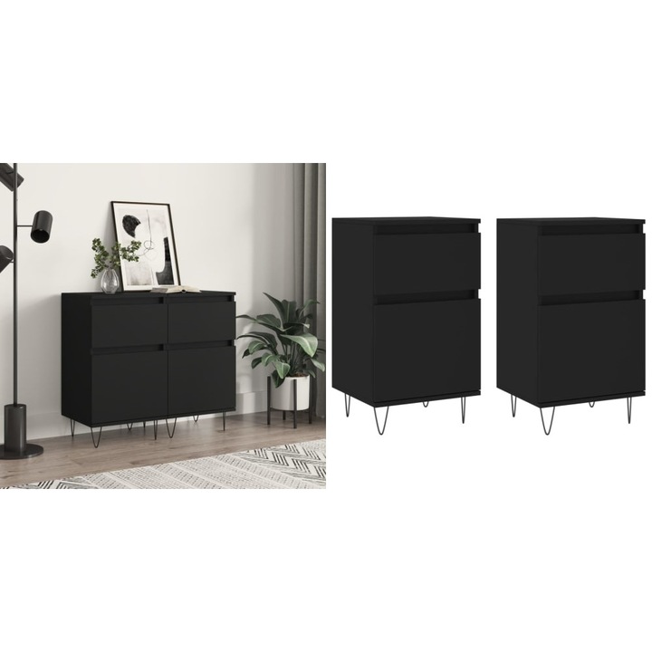 Servante, 2 buc., negru, 40x35x70 cm, lemn prelucrat