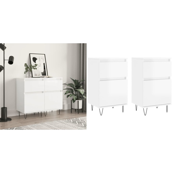 Servante, 2 buc., alb extralucios, 40x35x70 cm, lemn prelucrat