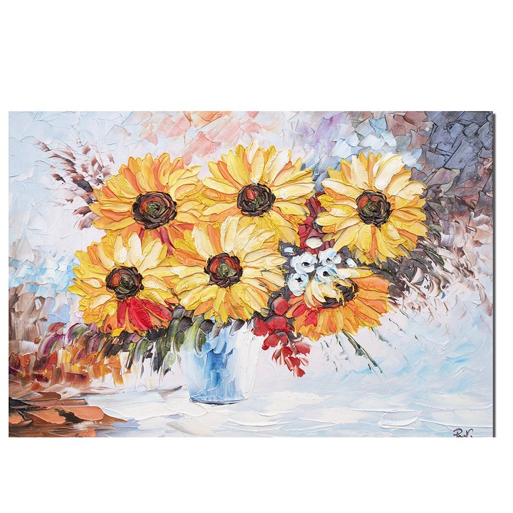 Tablou 3D vaza cu floarea soarelui pictat manual living, dormitor, 70x50cm ulei pe panza, Valentin Pop