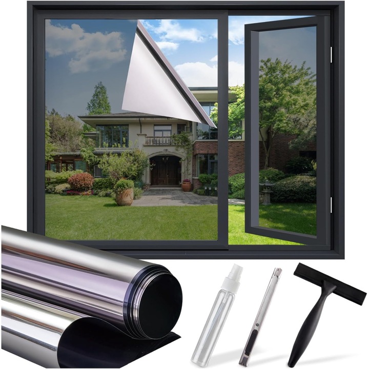 Folie geam reflexiva 90x200 cm, vinil, autoadeziva, protectie UV 96%, argintiu