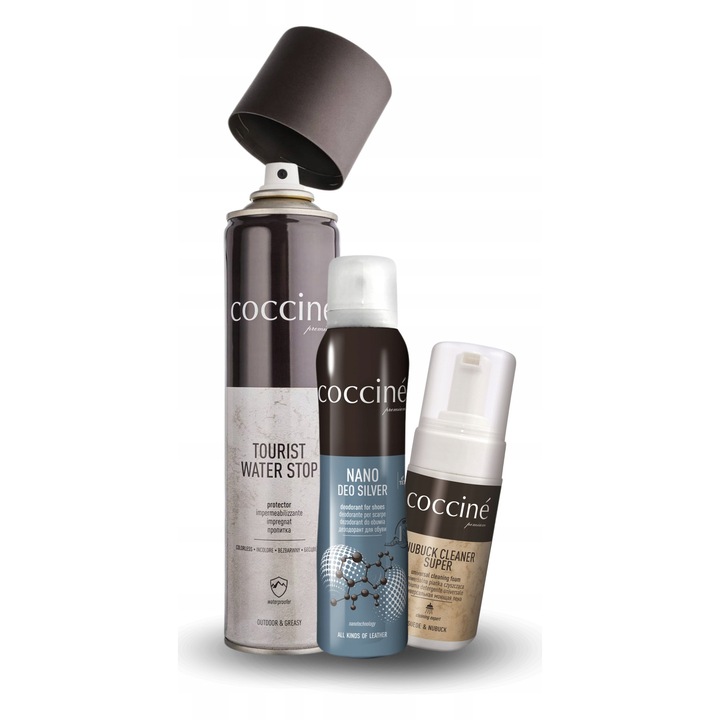 Set de curatat incaltaminte, Coccine, set Coccine Tourist 400 ml + spuma 100 ml + deodorant Silver 150 ml, 400 ml + 100 ml + 150 ml, deodorant incaltaminte, spuma de curatare, impregnare impermeabila, Multicolor, setul include: 1x impregnare, 1x spuma de
