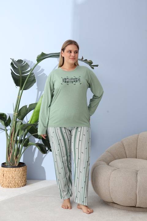 Kényelmes női pamut pizsama szett, hosszú ujjú felsővel és hosszú nadrággal, harisnyás, zöld 60157 12201, Zöld