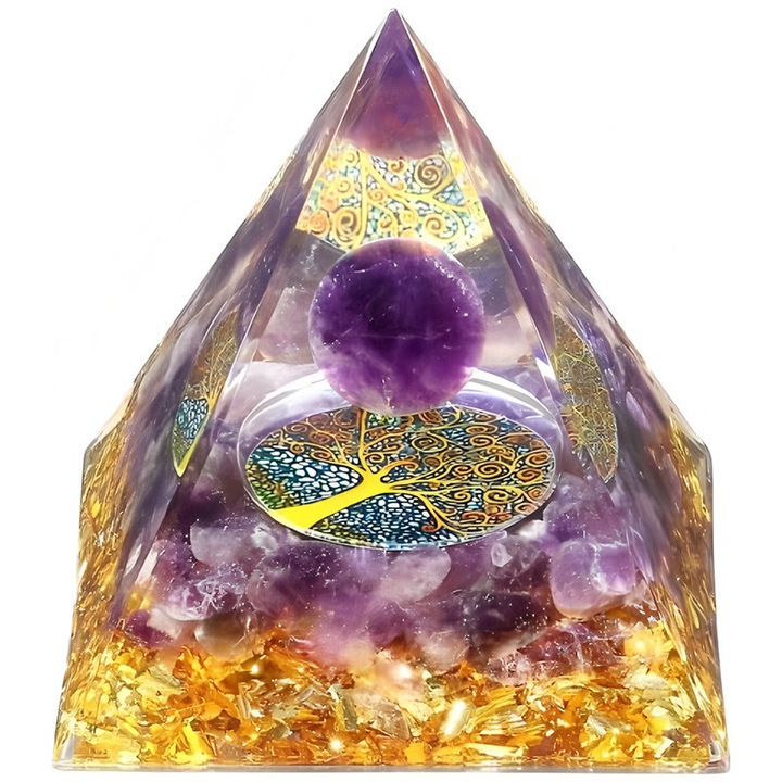 Piramis, BOMSTOM, természetes kristály/gyanta, dekoratív, 6x6x6cm, többszínű