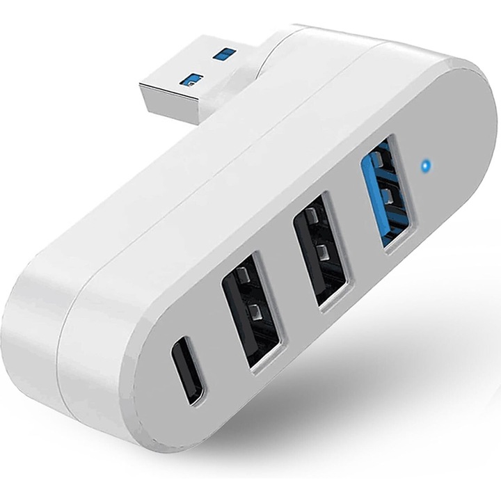 Хъб USB 3 в 1, Rqiurpn, Въртящ се на 180°, 3 USB порта и 1 USB C порт, Бърз трансфер, Бял
